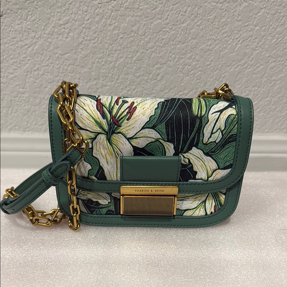 Charles & Keith Floral Crossbody Bag with Gold Chain